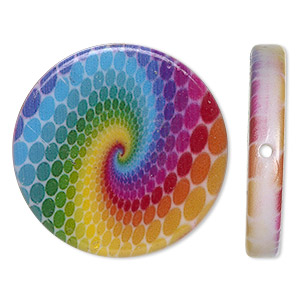 Bead, acrylic, multicolored, 32mm double-sided flat round with rainbow swirl design. Sold per pkg of 6.