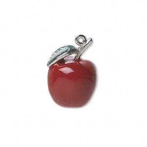 Charm, silver-plated &quot;pewter&quot; (zinc-based alloy) and enamel, red and green, 21.5x16mm 3D apple with leaves. Sold individually.