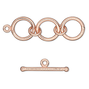 Clasp, toggle, copper-plated copper, 40x13mm 3-ring. Sold per pkg of 2.
