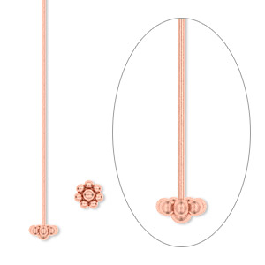 Head pin, copper, 2-1/2 inches with 4mm beaded flower, 20 gauge. Sold per pkg of 24.