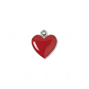 Charm, enamel and &quot;pewter&quot; (zinc-based alloy), red, 13x12mm single-sided heart. Sold individually.