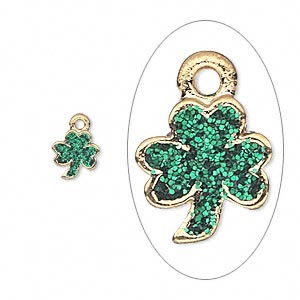 Charm, enamel and gold-finished &quot;pewter&quot; (zinc-based alloy), green with glitter, 8x7mm single-sided 3-leaf clover. Sold per pkg of 6.