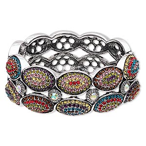 Bracelet, hinged bangle, glass rhinestone / antique silver-finished steel / &quot;pewter&quot; (zinc-based alloy), multicolored, 27.5mm wide with 2-row oval design, 6 inches. Sold individually.