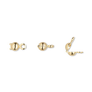 Bead tip, gold-plated brass, 6.5x3.5mm bottom clamp-on with double loop. Sold per pkg of 100.