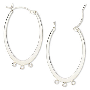 Earring, sterling silver, 34x22mm flat oval hoop with 3 loops and latch ...