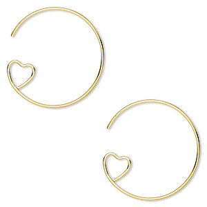 Ear wire, gold-plated brass, 23mm round hoop with open heart, 19 gauge. Sold per pkg of 50 pairs.