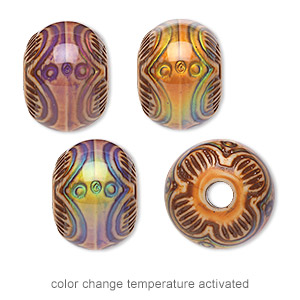 Bead, acrylic, tan and multicolored, 16x12mm color-changing rondelle with tribal design. Sold per pkg of 4.