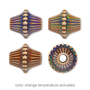 Bead, acrylic, tan and multicolored, 16x14mm color-changing corrugated double cone. Sold per pkg of 4.