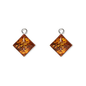Drop, Baltic amber (heated) and sterling silver, 11mm diamond, Mohs hardness 2 to 2-1/2. Sold per pkg of 2.