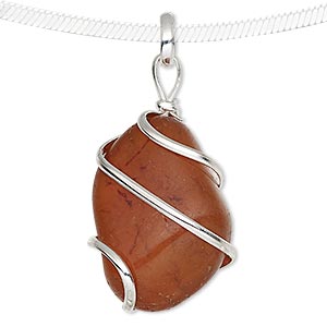 Pendant, carnelian (dyed / heated) and silver-plated brass, medium to large hand-cut wire-wrapped tumbled nugget. Sold individually.