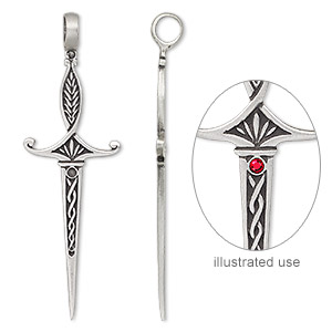 Pendant, antiqued pewter (tin-based alloy), 3-1/2 x 1-inch sword with 2.5mm round setting. Sold individually.