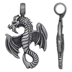 Pendant, Almost Jewelry&#153;, &quot;pewter&quot; (zinc-based alloy), 53x34mm single-sided flying dragon. Sold individually.