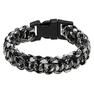 Bracelet, nylon paracord and plastic, black and white, 18mm wide survival  with camo design, 7 inches with buckle clasp. Sold individually. - Fire  Mountain Gems and Beads