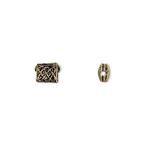 Bead, antique gold-finished &quot;pewter&quot; (zinc-based alloy), 6x5.5mm rectangle with Celtic knot design. Sold per pkg of 24.