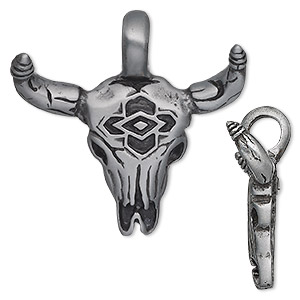Pendant, &quot;pewter&quot; (zinc-based alloy), 41x41mm bull skull. Sold individually.