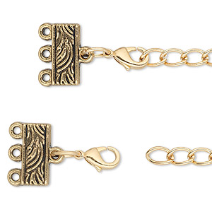 End bar, antique gold-finished &quot;pewter&quot; (zinc-based alloy), 32x13mm with 13x6mm 3-strand rectangle and 3-inch extender chain with lobster claw clasp. Sold per pkg of 6.