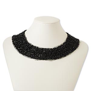 Necklace, collar, polyester / glass / plastic / steel, black, 2 inches wide, 16 inches with hook-and-eye clasp. Sold individually.