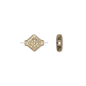 Bead, antique gold-finished &quot;pewter&quot; (zinc-based alloy), 10x9mm flat diamond with flower and dots design. Sold per pkg of 24.