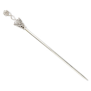 Hair stick, silver-plated &quot;pewter&quot; (zinc-based alloy), 5-1/2 inches with cone and flower dangle. Sold per pair.