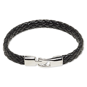 Bracelet, leather (dyed) and imitation rhodium-plated &quot;pewter&quot; (zinc-based alloy), black, 18mm wide woven, 7 inches with buckle-style clasp. Sold individually.