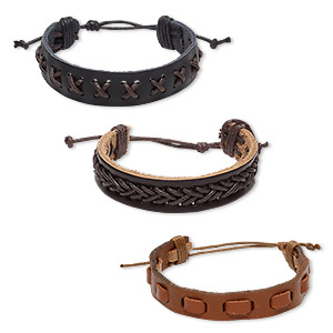 Bracelet mix, leather (dyed) and waxed cotton cord, black / brown / dark brown, 14-18mm wide, adjustable from 7-10 inches with knot closure. Sold per pkg of 3.