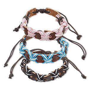 Bracelet mix, leather (dyed) and waxed cotton cord, mixed colors, 12mm wide, adjustable from 6-1/2 to 8 inches with knot closure. Sold per pkg of 3.
