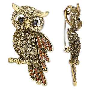 Brooch and pendant, Everyday Jewelry, glass rhinestone and antique gold-finished &quot;pewter&quot; (zinc-based alloy), black / brown / champagne, 67x35mm owl with hidden bail. Sold individually.