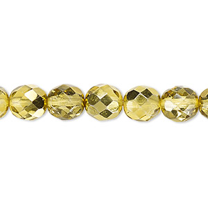 Bead, Czech fire-polished glass, clear with half-coat metallic yellow gold, 8mm faceted round. Sold per 15-1/2&quot; to 16&quot; strand.