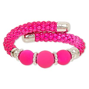 Bracelet, acrylic / silver-coated plastic / silver-finished steel / painted steel memory wire, neon pink, 16mm wide, adjustable from 6-1/2 to 7-1/2 inches. Sold individually.