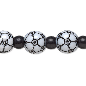 Bead, acrylic, black and white, 7x5.5mm crow and 11mm soccer ball. Sold per 8-inch strand.
