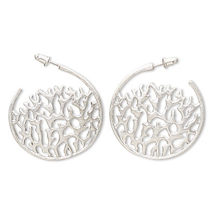 Earring, imitation rhodium-plated brass and &quot;pewter&quot; (zinc-based alloy), 39mm brushed round hoop with branch design and post. Sold per pair.