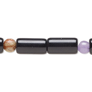 Bead, black obsidian (natural), 14x7mm-15x8mm round tube and 5-8mm round, C grade, Mohs hardness 5 to 5-1/2. Sold per 16-inch strand.