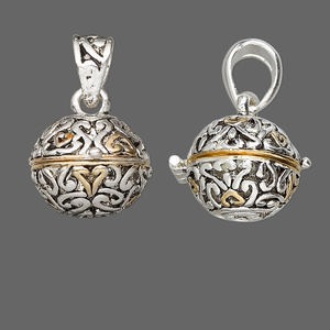 Drop, antique silver- and gold-finished &quot;pewter&quot; (zinc-based alloy), 18mm round prayer box with swirl design and magnetic closure. Sold individually.