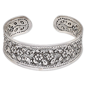 Bracelet, Hill Tribes, cuff, antique silver-plated brass, 24mm wide with flower design, adjustable. Sold individually.
