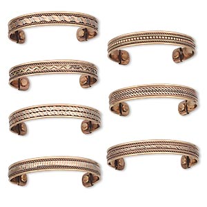 Bracelet, cuff, copper, 11-12mm wide with assorted patterns, 7 to 7-1/2 inches with magnetic ends. Sold per pkg of 7.