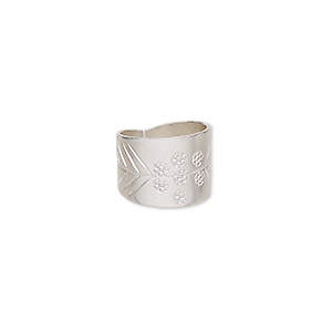 Ring, Hill Tribes, silver-plated copper, 16mm wide with flower and feather design, size 7-1/2. Sold individually.