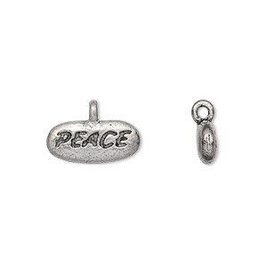 Charm, antiqued pewter (tin-based alloy), 15x7mm &quot;PEACE&quot; pebble. Sold per pkg of 4.