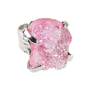 Ring, electroplated druzy agate (coated) and imitation rhodium-plated brass, pink, hammered band with 24x18mm-27x21mm hand-cut freeform, adjustable. Sold individually.