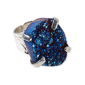Ring, electroplated druzy agate (coated) and imitation rhodium-plated brass, blue, hammered band with 24x18mm-27x21mm hand-cut freeform, adjustable. Sold individually.