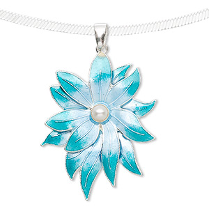 Pendant, pearl (imitation) / enamel / sterling silver, turquoise blue and white, 40x30mm flower. Sold individually.