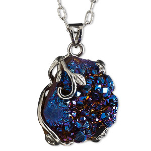 Necklace, electroplated druzy agate (coated) and imitation rhodium-plated brass, blue, 30x20mm-38x28mm hand-cut wire-wrapped freeform, 20 inches with 2-1/2 inch extender chain and lobster claw clasp. Sold individually.