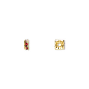 Bead, glass rhinestone and gold-finished brass, garnet red, 4x2mm squaredelle. Sold per pkg of 10.