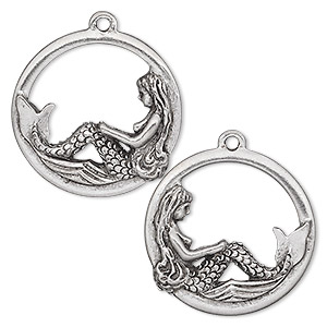 Charm, antiqued pewter (tin-based alloy), 22mm double-sided round with mermaid. Sold per pkg of 2.