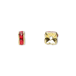 Bead, glass rhinestone and gold-finished brass, red, 6x3mm squaredelle. Sold per pkg of 10.