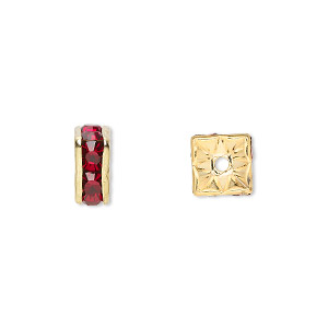 Bead, glass rhinestone and gold-finished brass, garnet red, 8x4mm squaredelle. Sold per pkg of 10.
