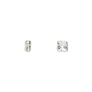Bead, glass rhinestone and silver-plated brass, clear, 4x2mm squaredelle. Sold per pkg of 10.