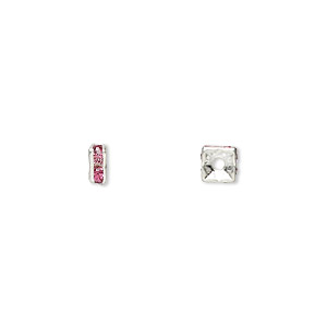 Bead, glass rhinestone and silver-plated brass, rose, 4x2mm squaredelle. Sold per pkg of 10.