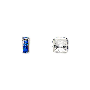Bead, glass rhinestone and silver-plated brass, sapphire blue, 6x3mm squaredelle. Sold per pkg of 10.