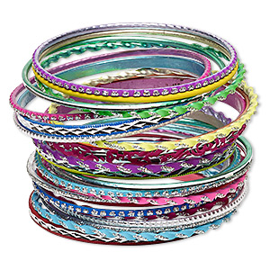 Bracelet, bangle, aluminum, assorted neon colors with glitter, 2.5-7mm wide, 8 inches. Sold per 24-piece set.