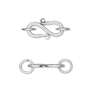 Clasp, S-hook, sterling silver, 17x10mm with (2) 6mm closed jump rings. Sold individually.